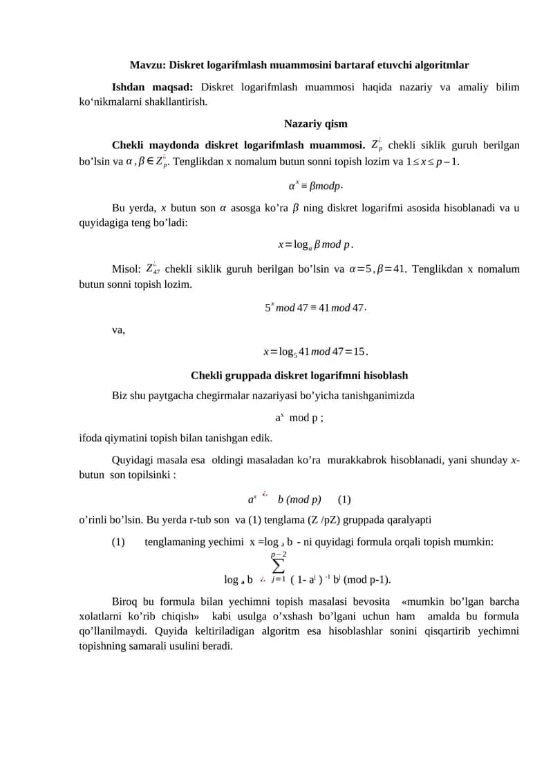 Diskret logarifmlash muammosini bartaraf etuvchi algoritmlar 1