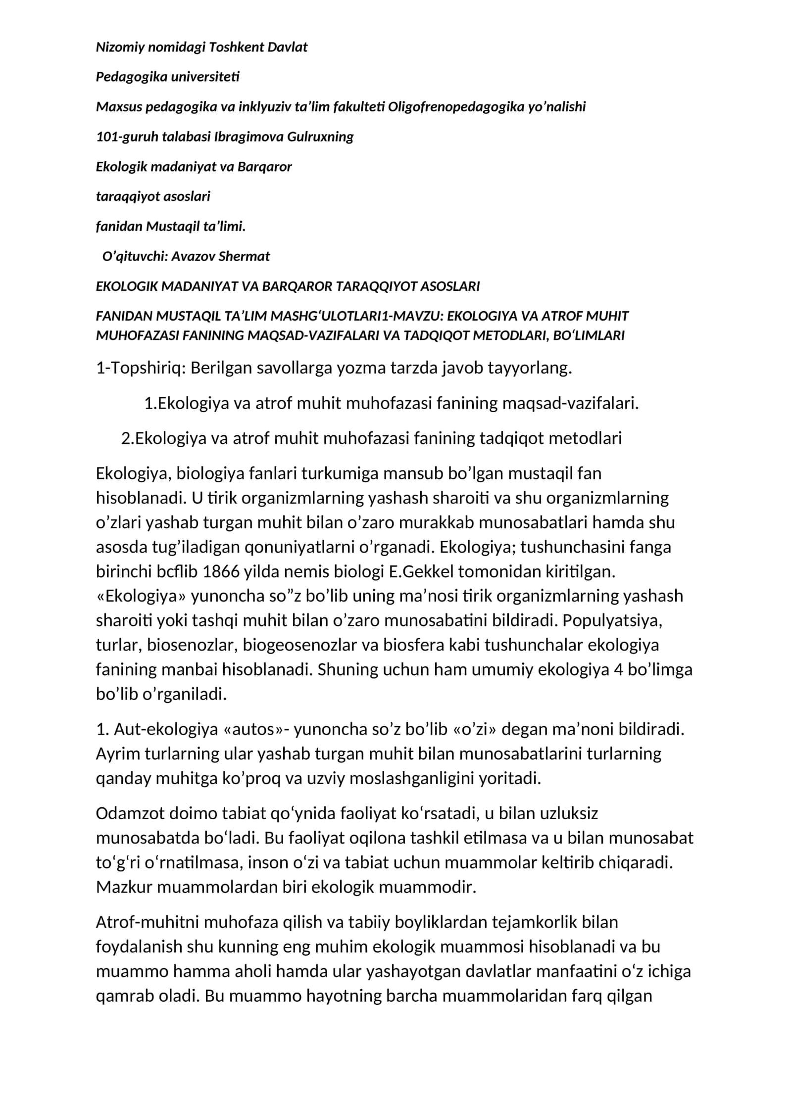 EKOLOGIK MADANIYAT VA BARQAROR TARAQQIYOT ASOSLARI FANIDAN MUSTAQIL TA’LIM MASHG‘ULOTLARI1 1