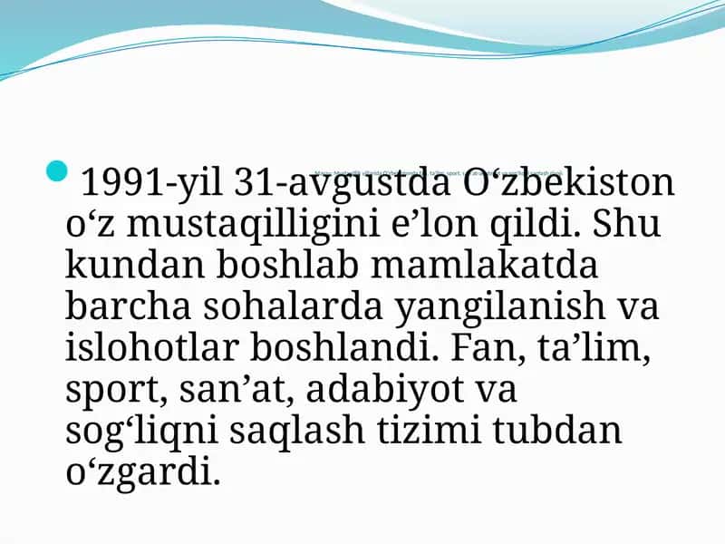 Mustaqillik yillarida Oʻzbekistonda fan, taʼlim, sport, sanʼat-adabiyot va sogʻliqni saqlash rivoji 1