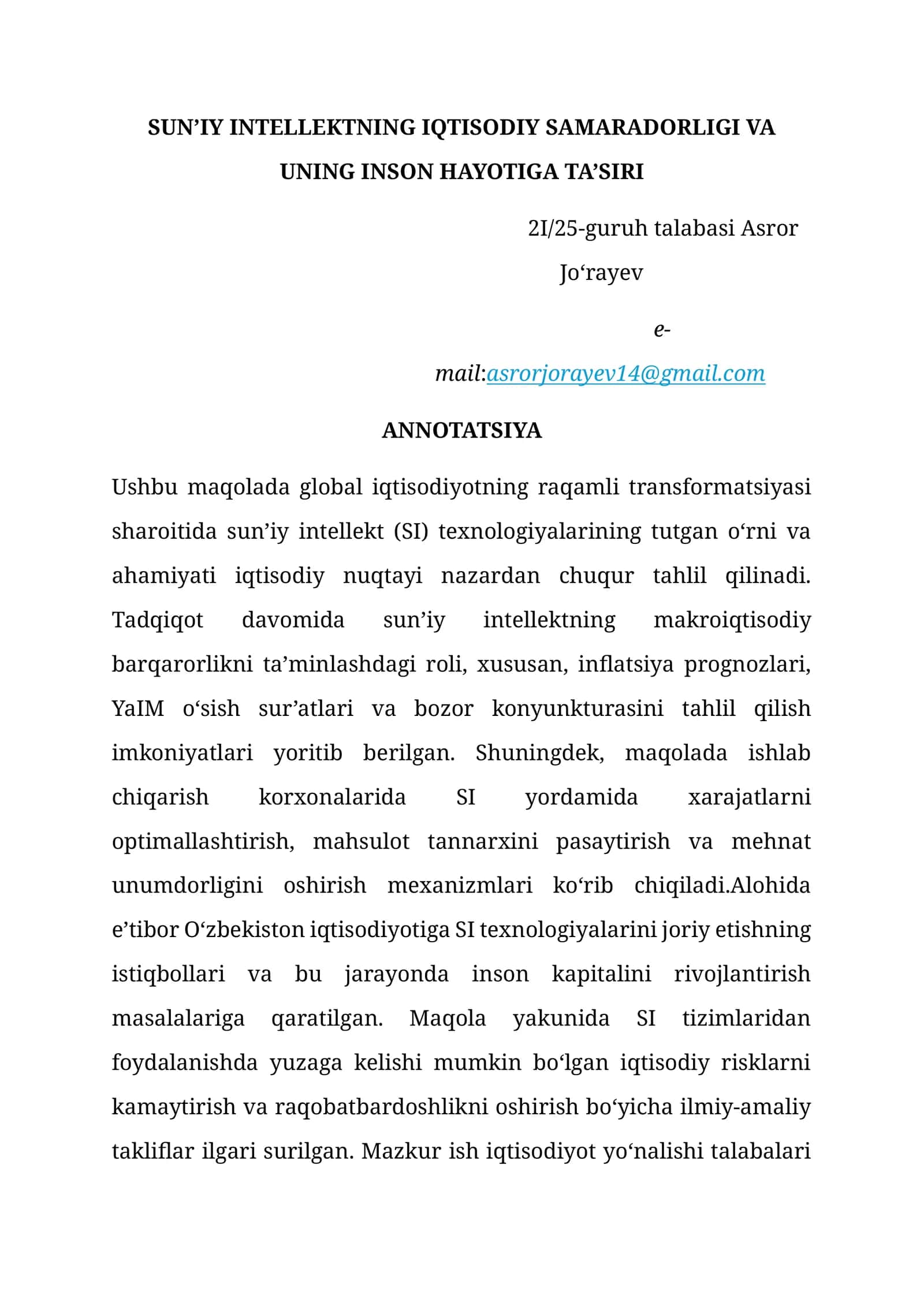 MAQOLA.SUN’IY INTELLEKTNING IQTISODIY SAMARADORLIGI VA UNING INSON HAYOTIGA TA’SIRI 1