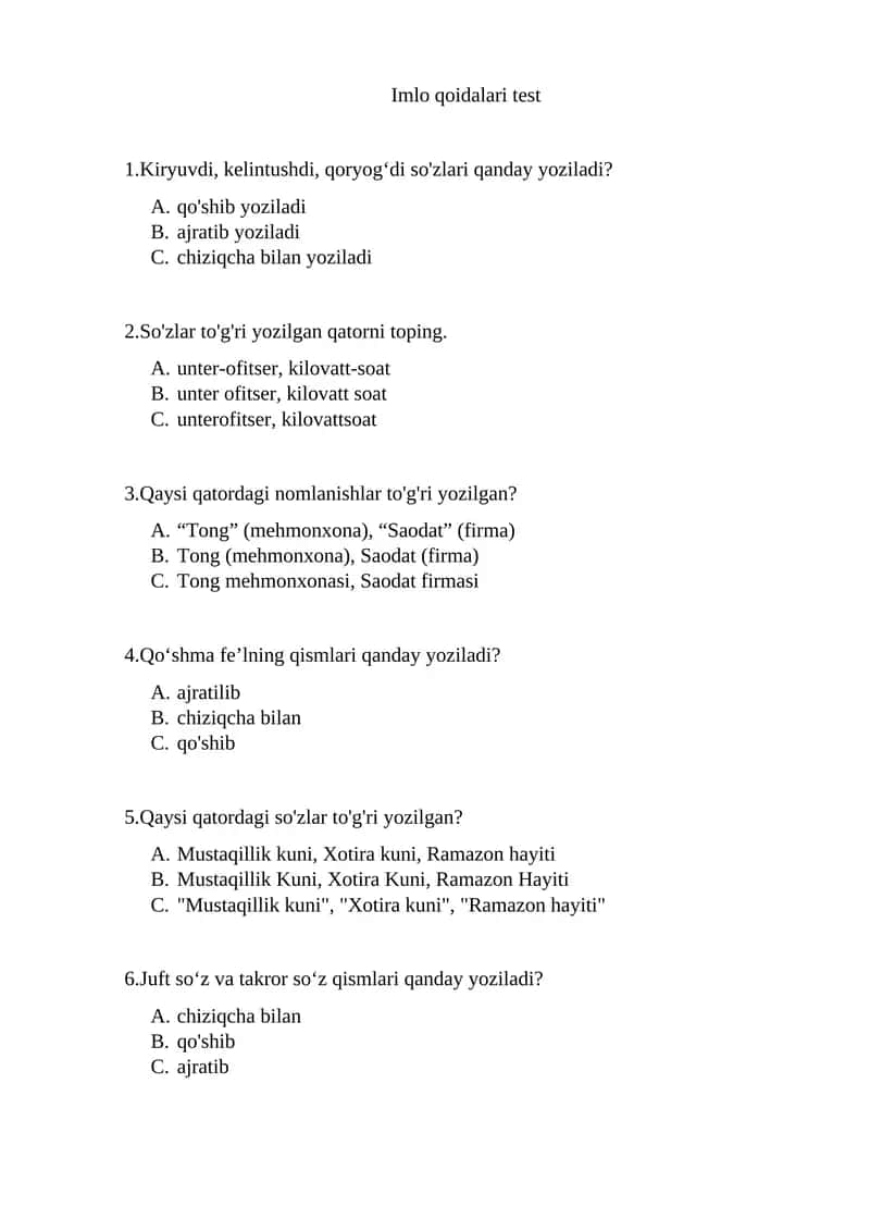 Imlo qoidalari test 1