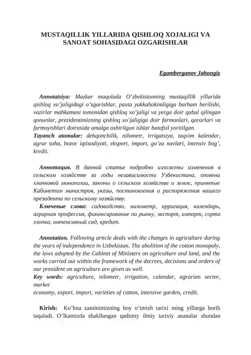 MUSTAQILLIK YILLARIDA QISHLOQ XOJALIGI VA SANOAT SOHASIDAGI OZGARISHLAR