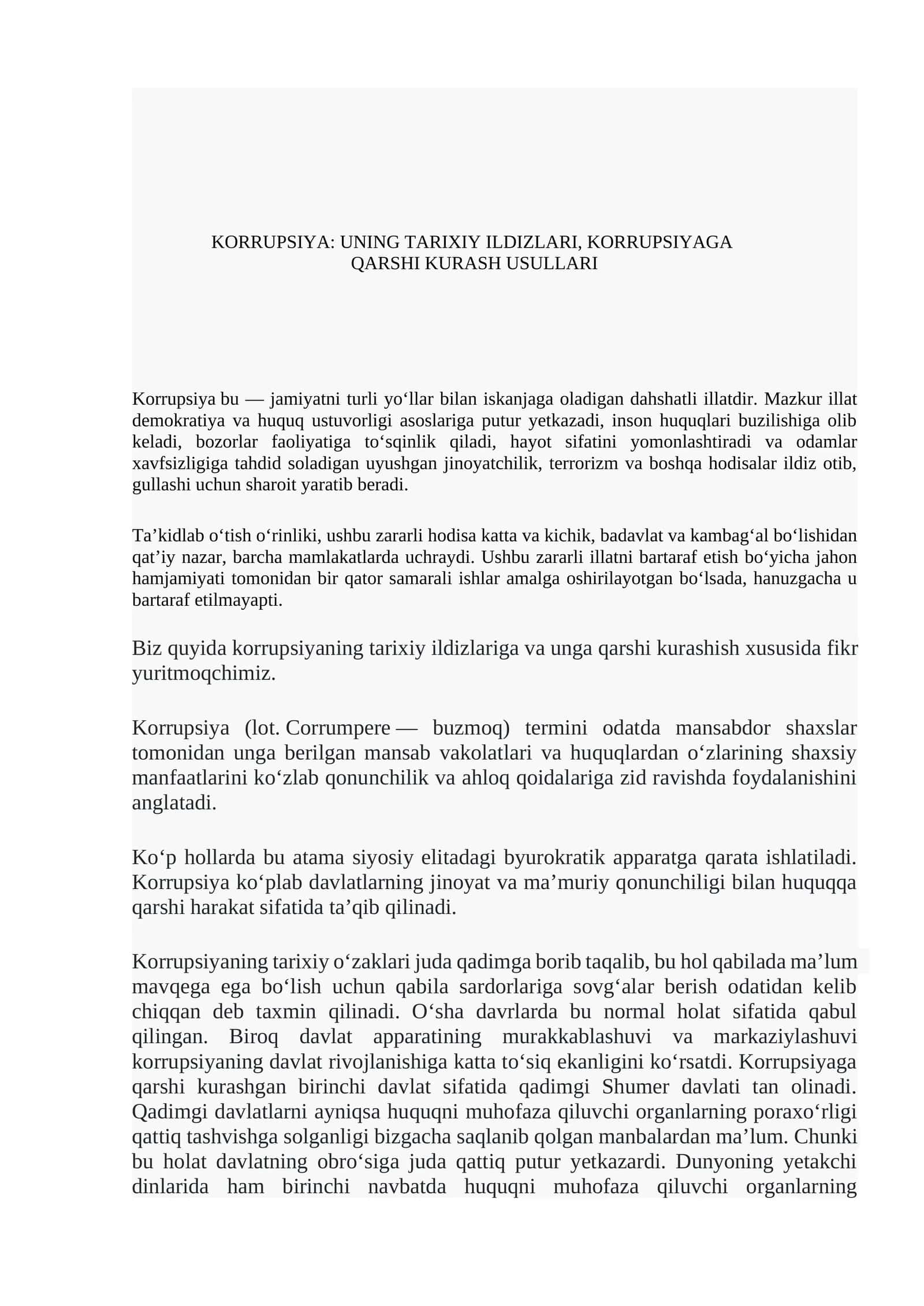 KORRUPSIYA: UNING TARIXIY ILDIZLARI, KORRUPSIYAGA QARSHI KURASH USULLARI 1