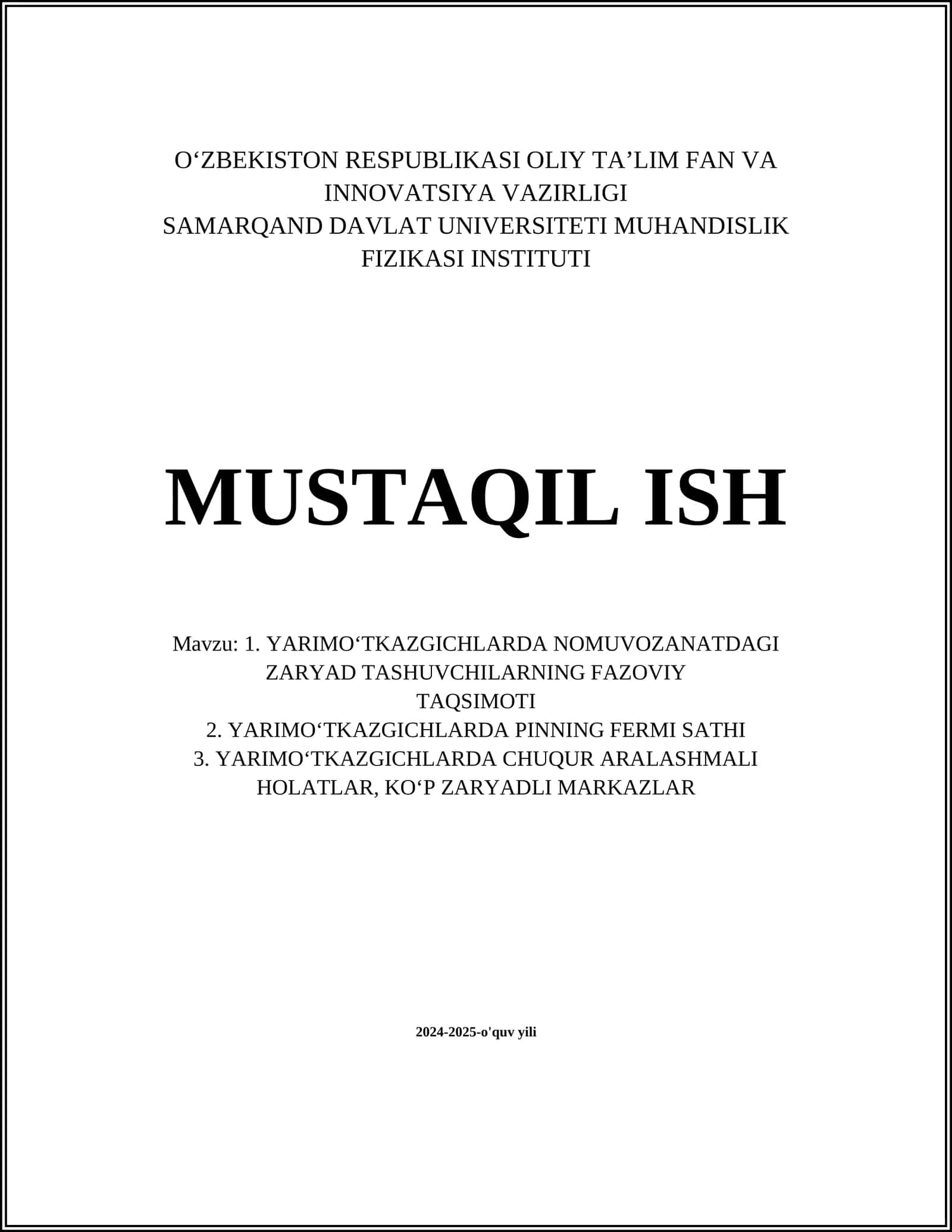 YARIMOʻTKAZGICHLARDA NOMUVOZANATDAGI ZARYAD TASHUVCHILARNING FAZOVIY TAQSIMOTI 1