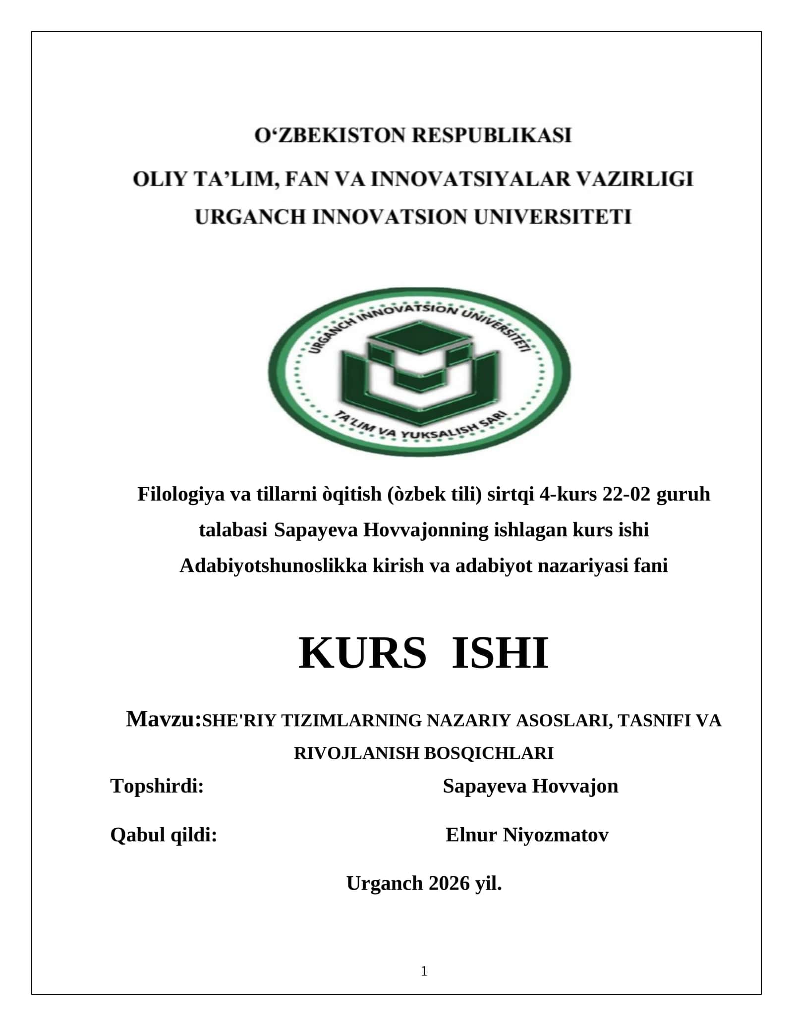 SHE'RIY TIZIMLARNING NAZARIY ASOSLARI, TASNIFI VA RIVOJLANISH BOSQICHLARI 1