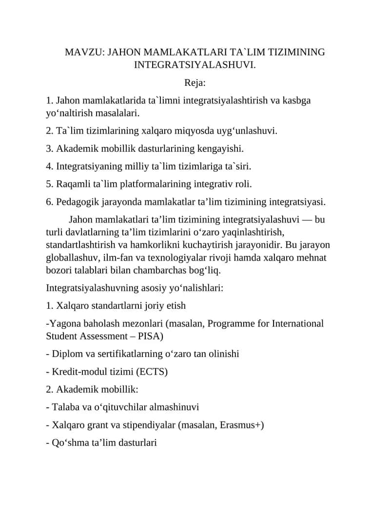 Komparativistik pedagogika. JAHON MAMLAKATLARI TA`LIM TIZIMINING INTEGRATSIYALASHUVI. 1