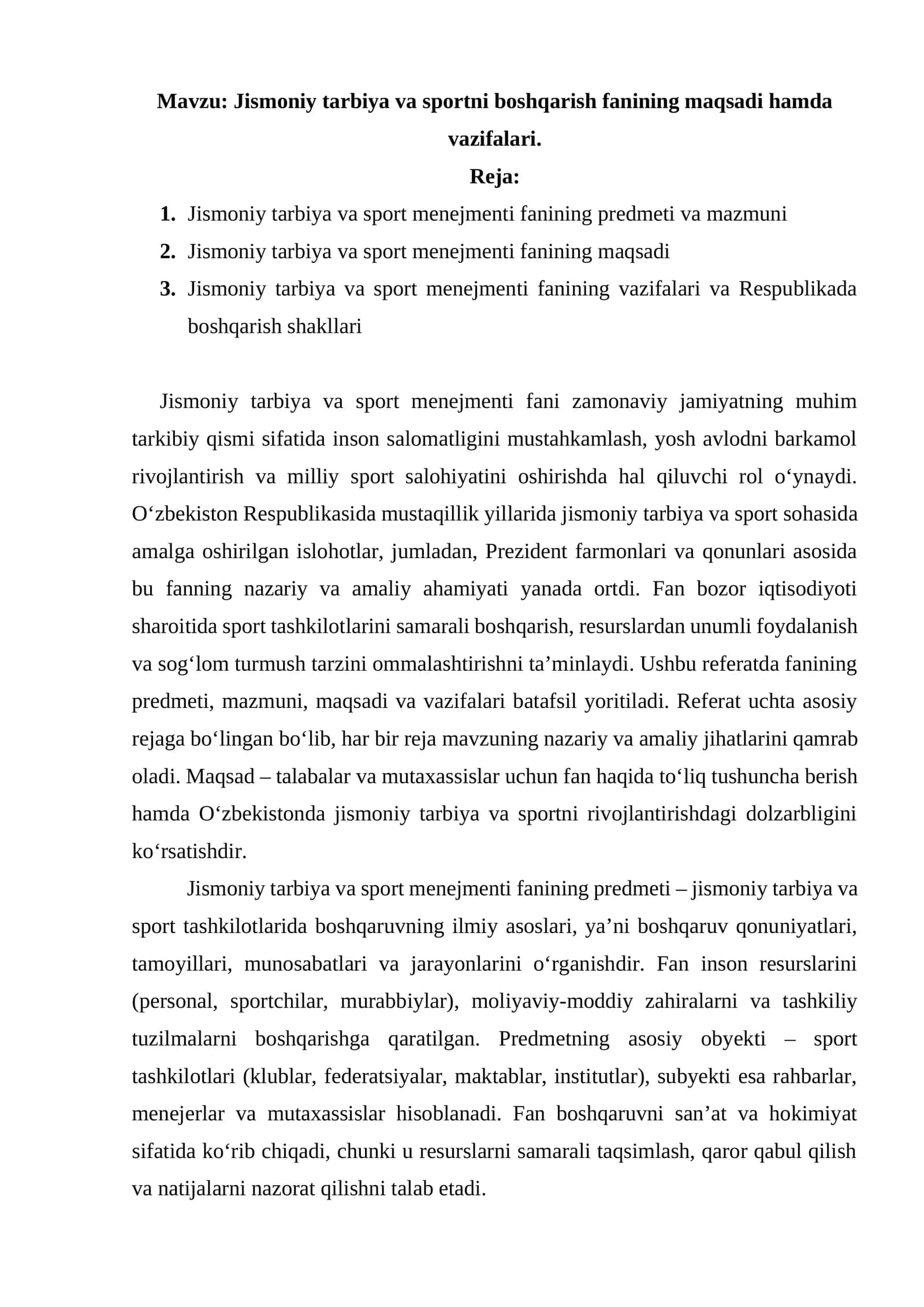 Jismoniy tarbiya va sportni boshqarish fanining maqsadi hamda vazifalari 1