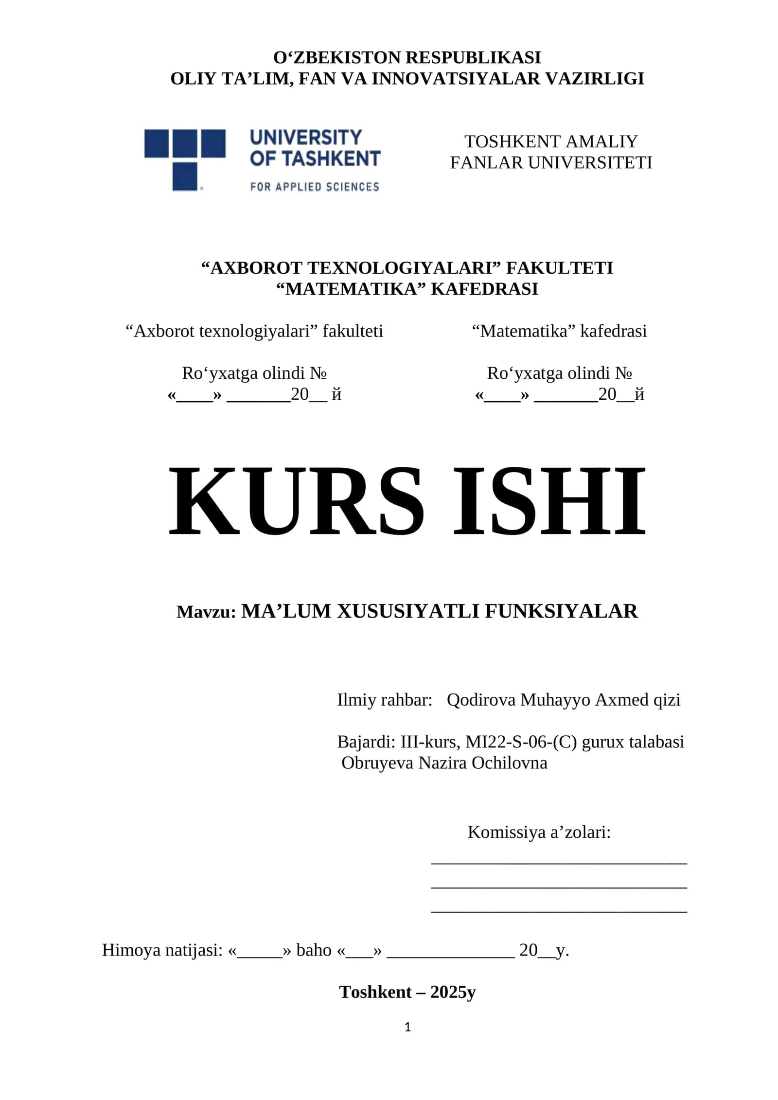 MA’LUM XUSUSIYATLI FUNKSIYALAR 1