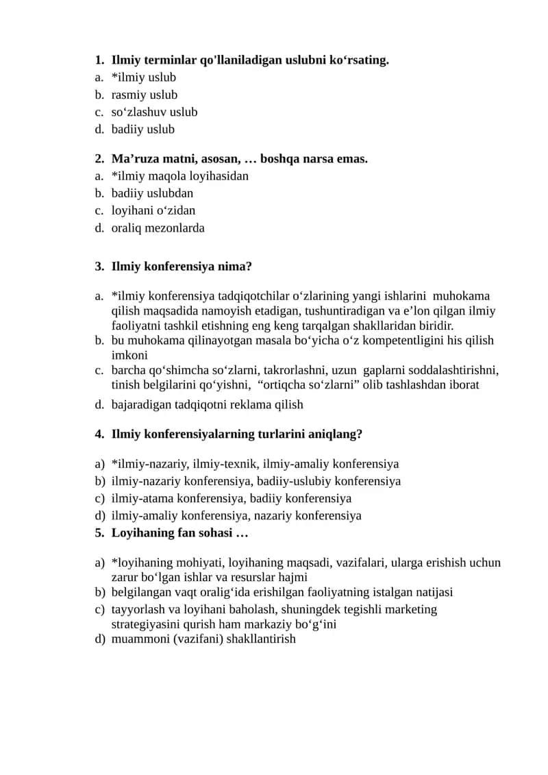Akademik yozuv fanidan "LOYIHA. Loyiha tavsifi" mavzusida test savollari (javoblari bilan) 1