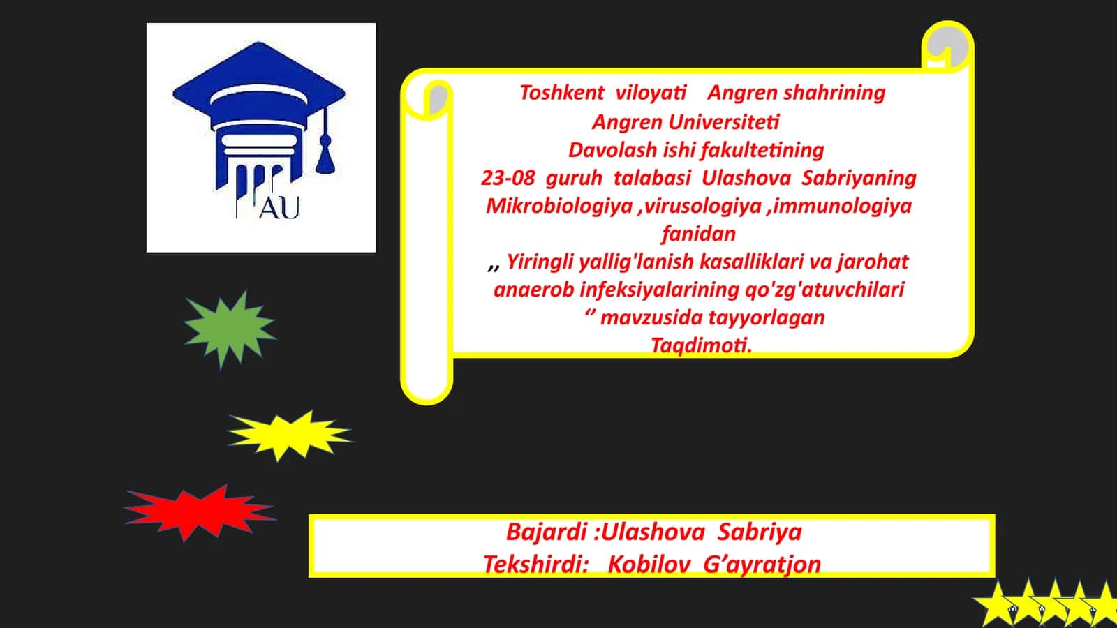 Mikrobiologiya, virusologiya, immunologiya fanidan Yiringli yallig'lanish kasalliklari va anaerob infeksiyalarining qo'zg'atuvchilari 1