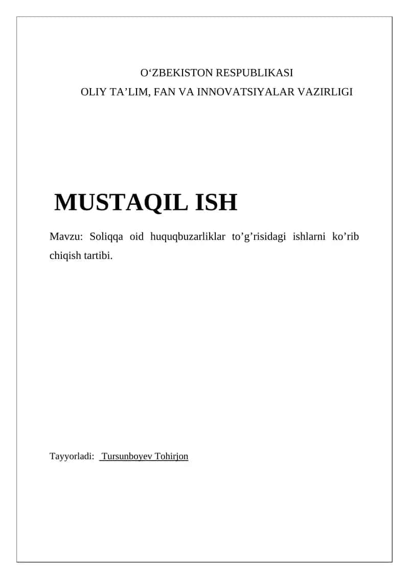 Soliqqa oid huquqbuzarliklar to’g’risidagi ishlarni ko’rib chiqish tartibi 1
