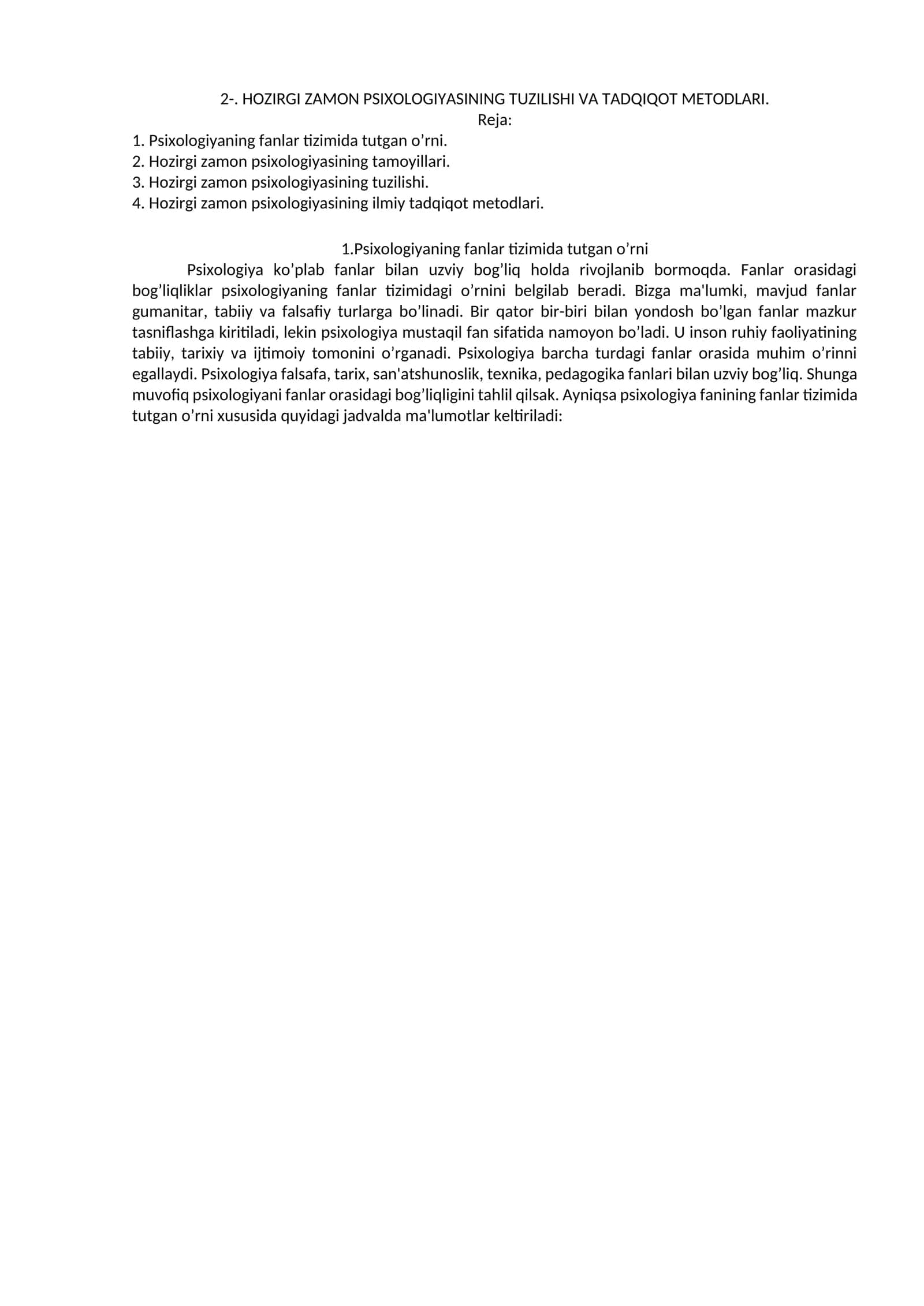 Hozirgi Zamon Psixologiyasining Tuzilishi Va Tadqiqot Metodlari 1