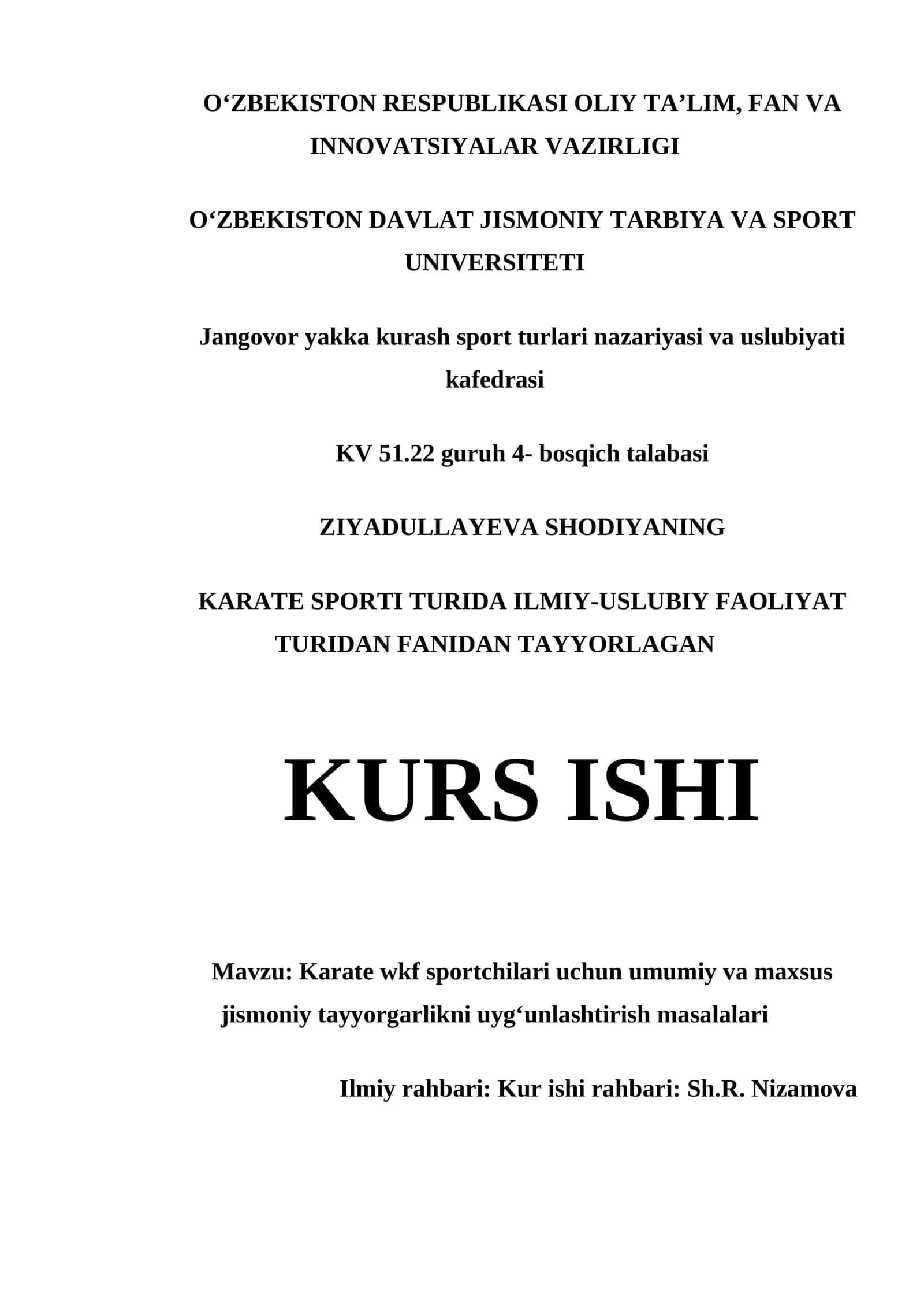 KARATE WKF SPORTCHILARI UCHUN UMUMIY VA MAXSUS JISMONIY TAYYORGARLIKNI UYGʻUNLASHTIRISH MASALALARI 1