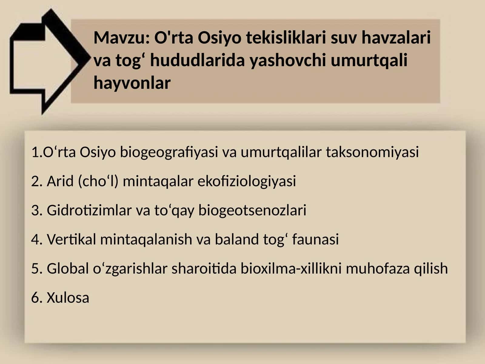O'rta Osiyo tekisliklari suv havzalari va togʻ hududlarida yashovchi umurtqali hayvonlar 1