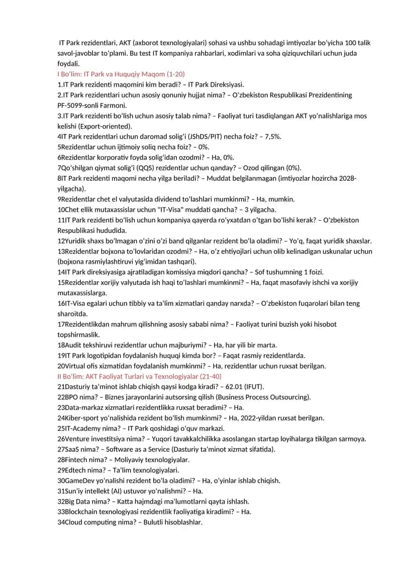 AKT sohasi va IT Park rezidentlari bo‘yicha savol-javoblar to‘plami 1