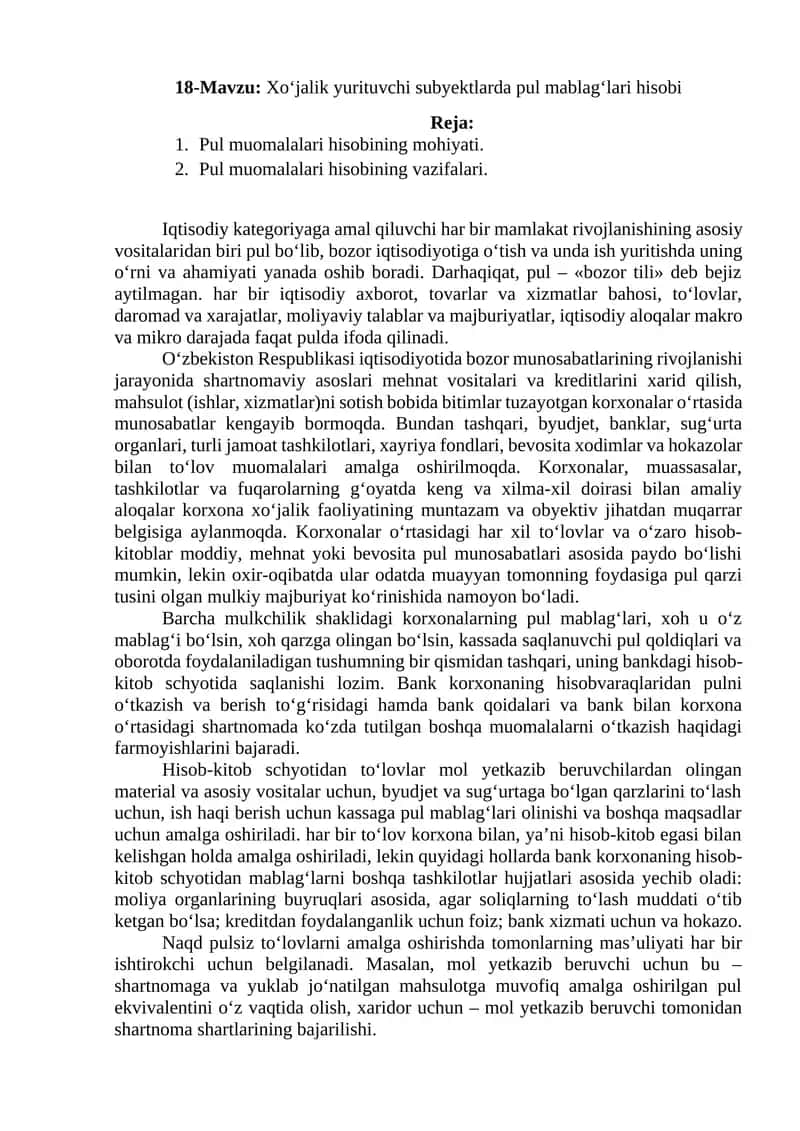 Pul muomalalari hisobi 1
