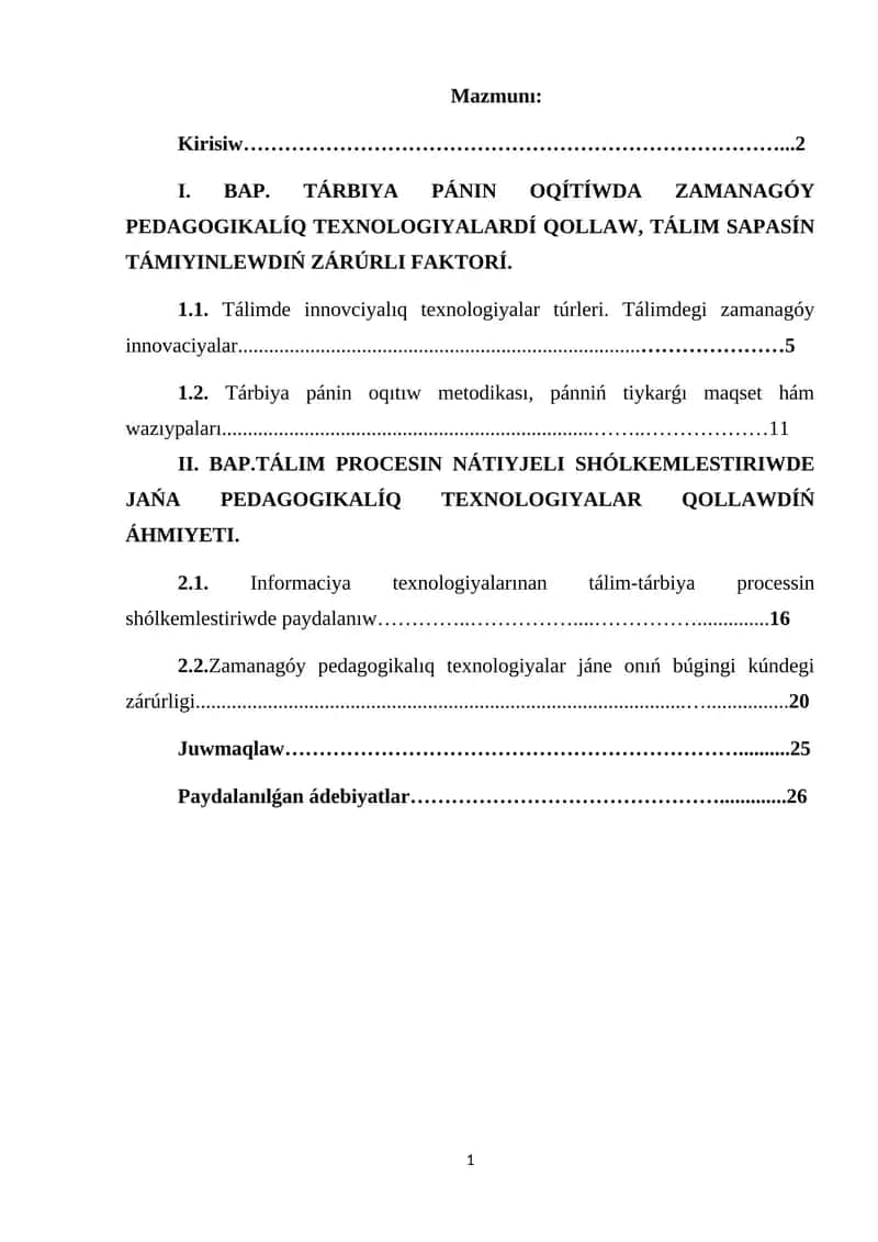 KURS JUMISI TÁRBIYA PÁNIN OQITIWDA INFORMACIYA TEXNOLOGIYALARINAN PAYDALANIW 1