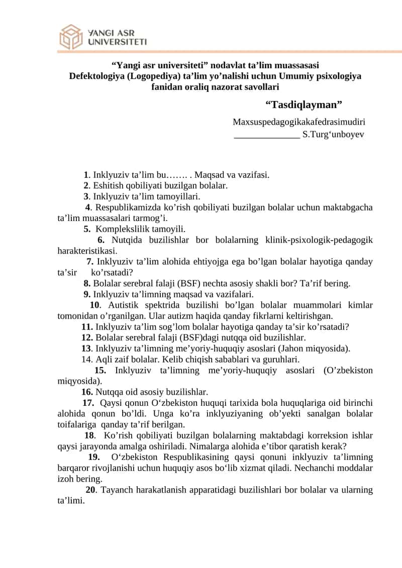 Umumiy psixologiya fanidan oraliq nazorat savollari 1