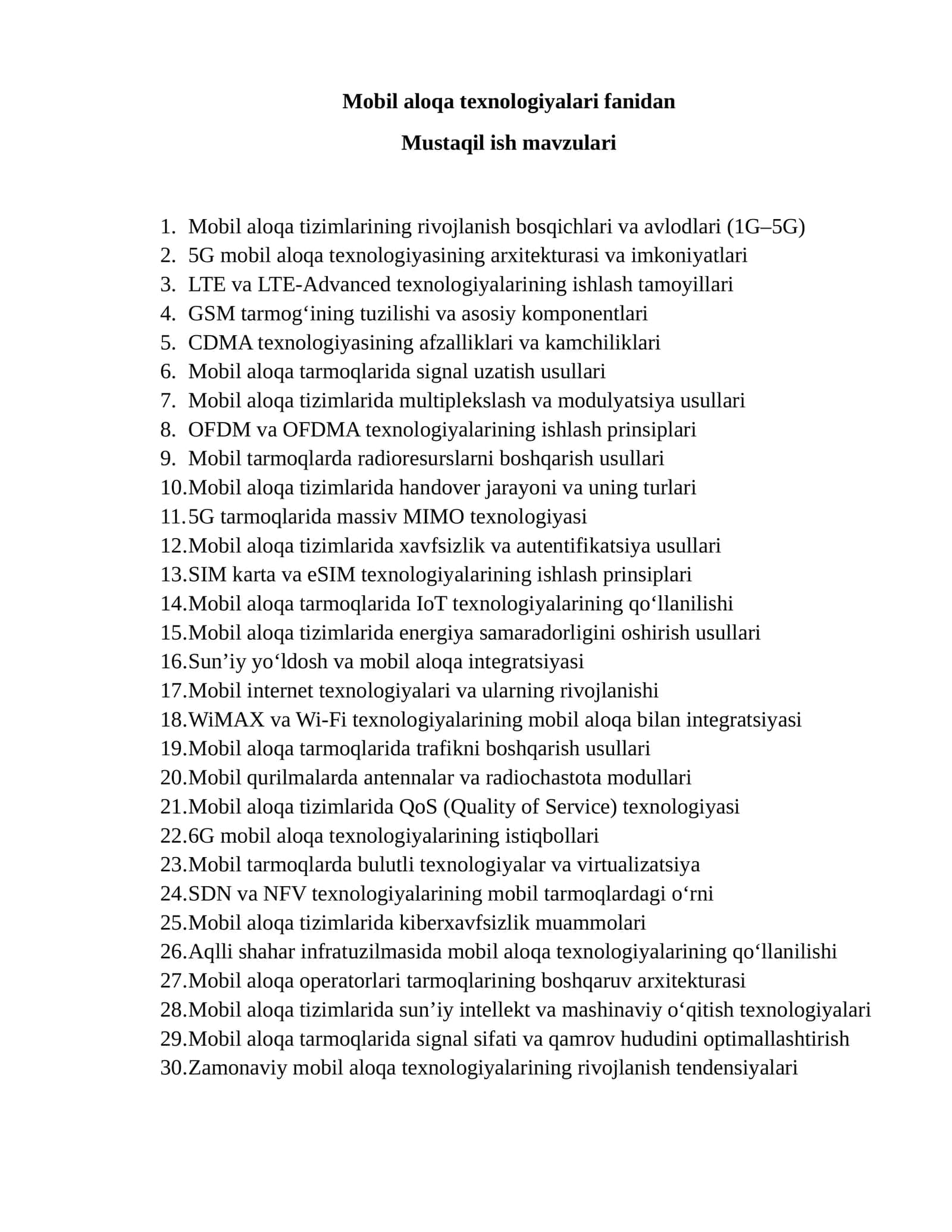 Mobil aloqa texnologiyalari fanidan 1