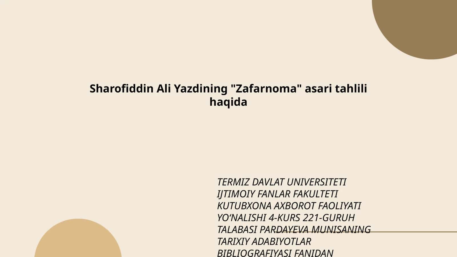 Sharofiddin Ali Yazdining "Zafarnoma" asari tahlili haqida 1