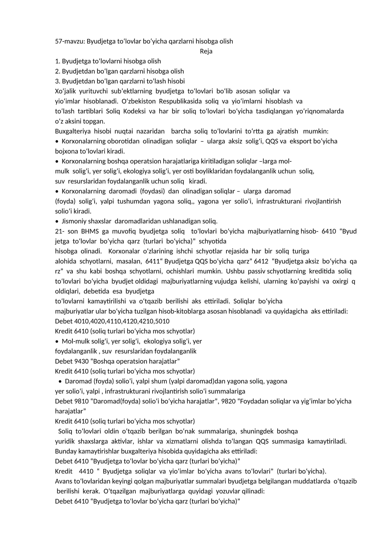 Byudjetga to‘lovlar bo‘yicha qarzlarni hisobga olish 1