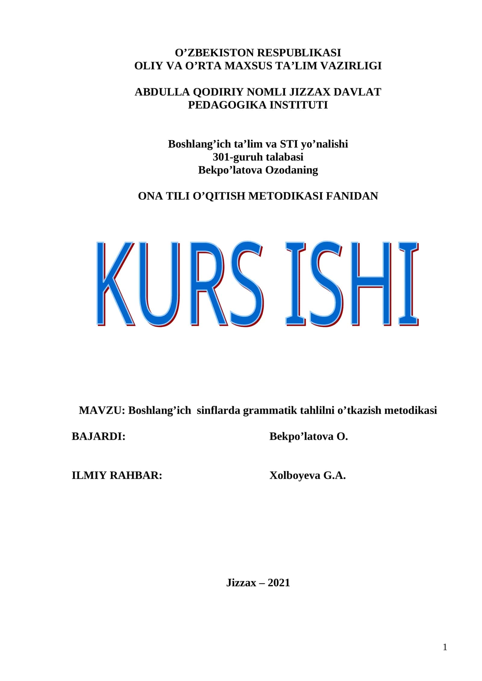 Boshlang’ich sinflarda grammatik tahlilni o’tkazish metodikasi 1