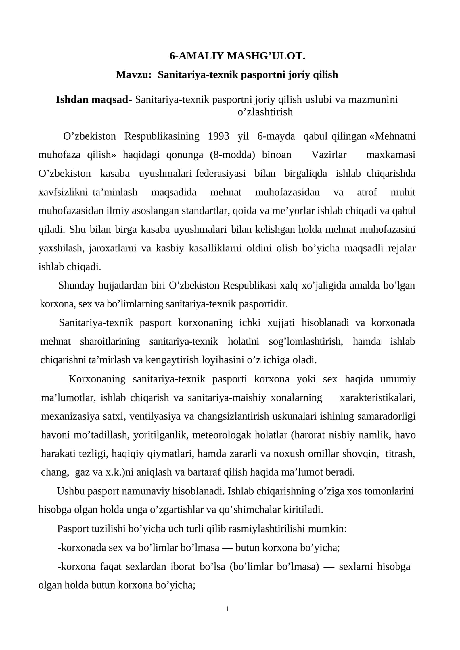 Sanitariya-texnik pasportni joriy qilish 1