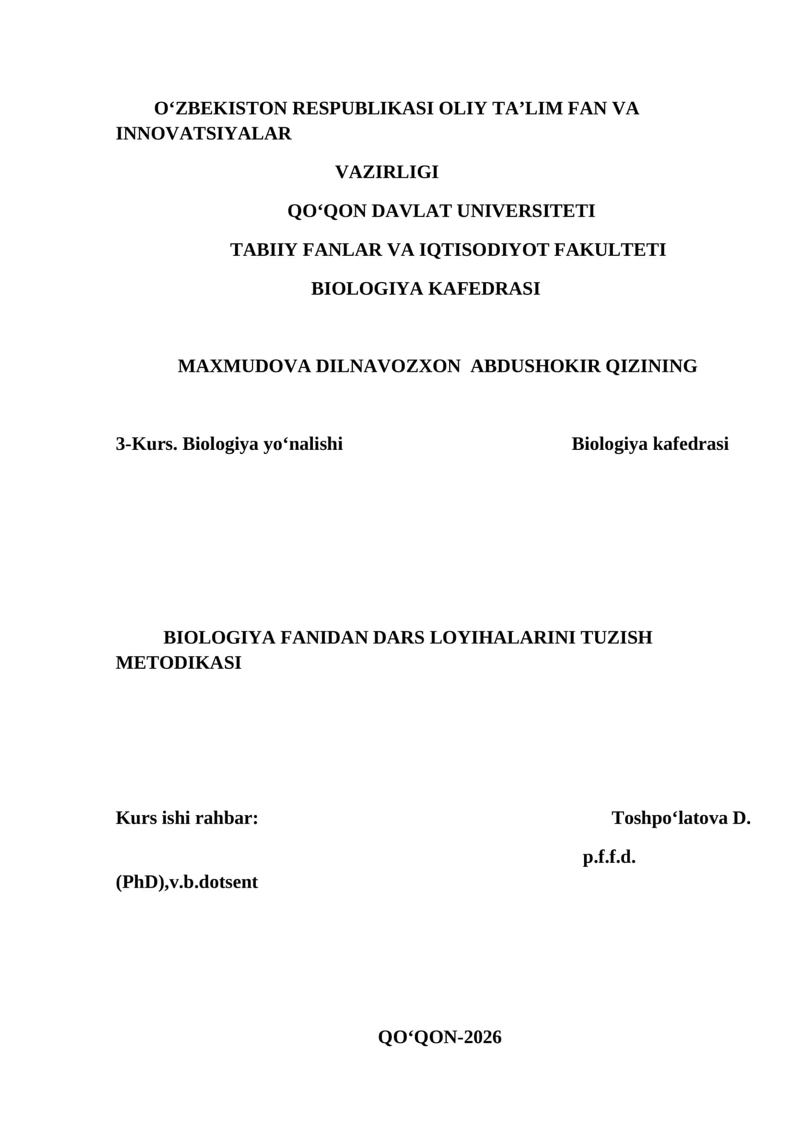 BIOLOGIYA FANIDAN DARS LOYIHALARINI TUZISH METODIKASI 1