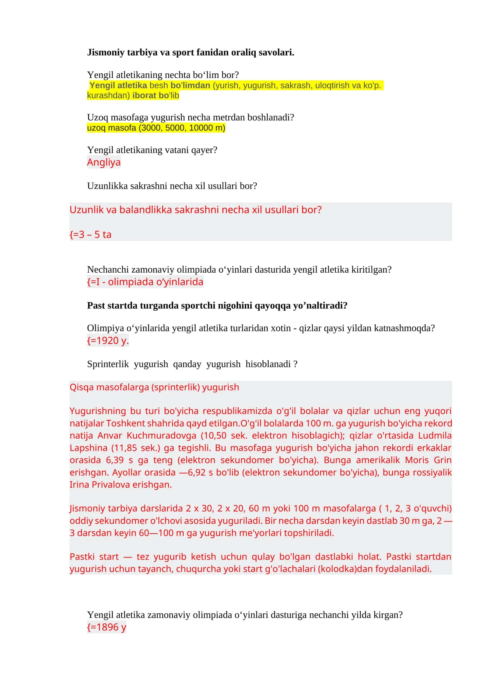 Jismoniy tarbiya va sport fanidan oraliq savollari 1