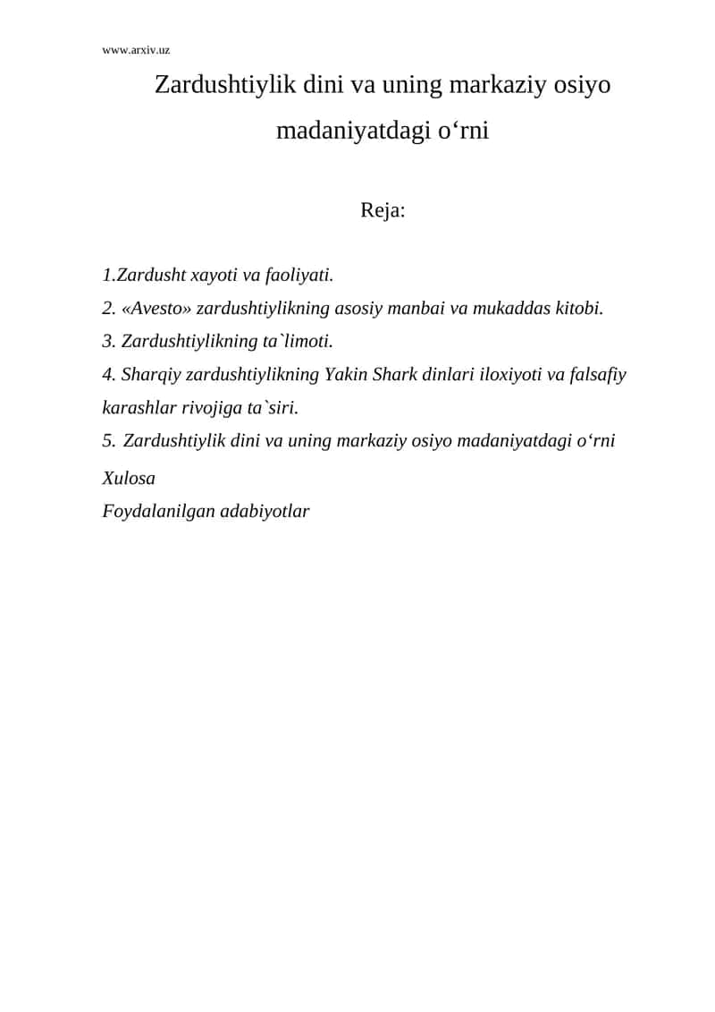 Zardushtiylik dini va uning markaziy osiyo madaniyatdagi oʻrni 1