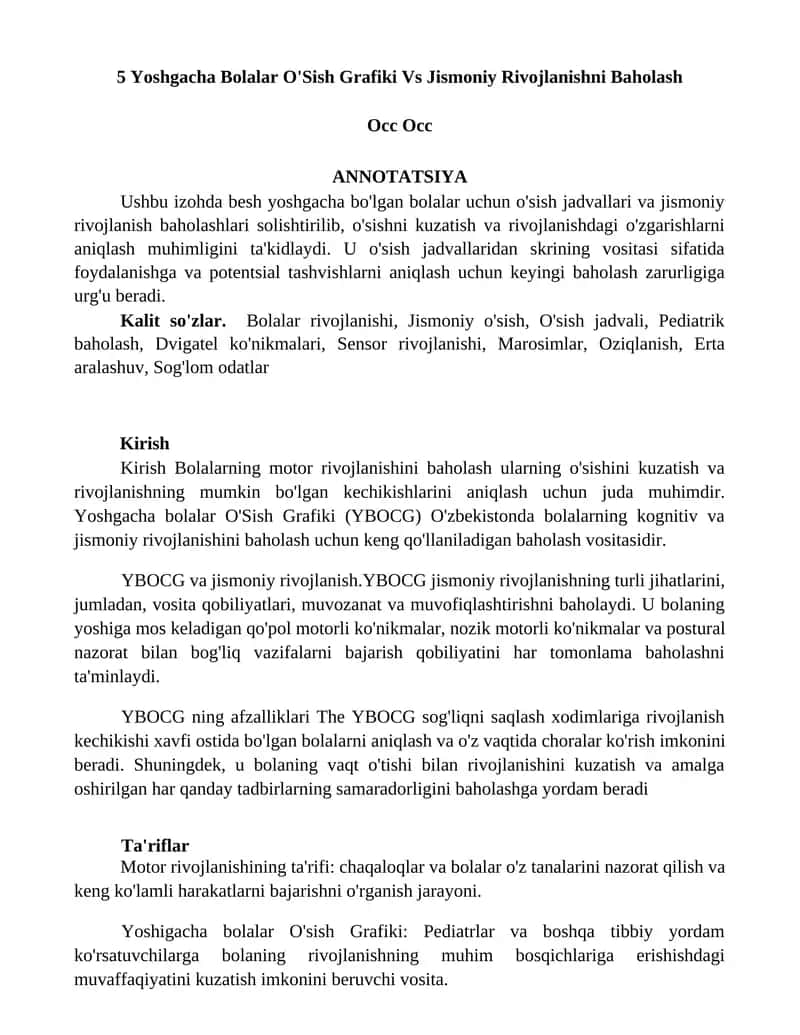 Yoshgacha Bolalar O'Sish Grafiki Vs Jismoniy Rivojlanishni Baholash 1