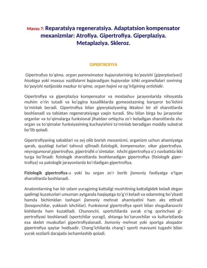 Reparatsiya regeneratsiya. Adaptatsion kompensator mexanizmlar: Atrofiya. 1