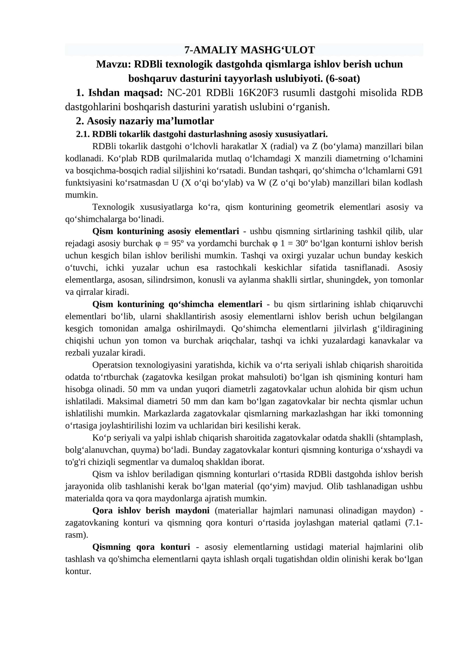 RDBli texnologik dastgohda qismlarga ishlov berish uchun boshqaruv dasturini tayyorlash 1