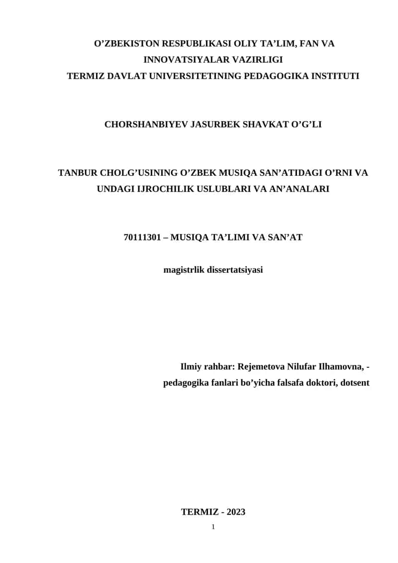 TANBUR CHOLG'USINING O'ZBEK MUSIQА SАN'АTIDАGI O'RNI VА UNDАGI IJROCHILIK USLUBLАRI 1