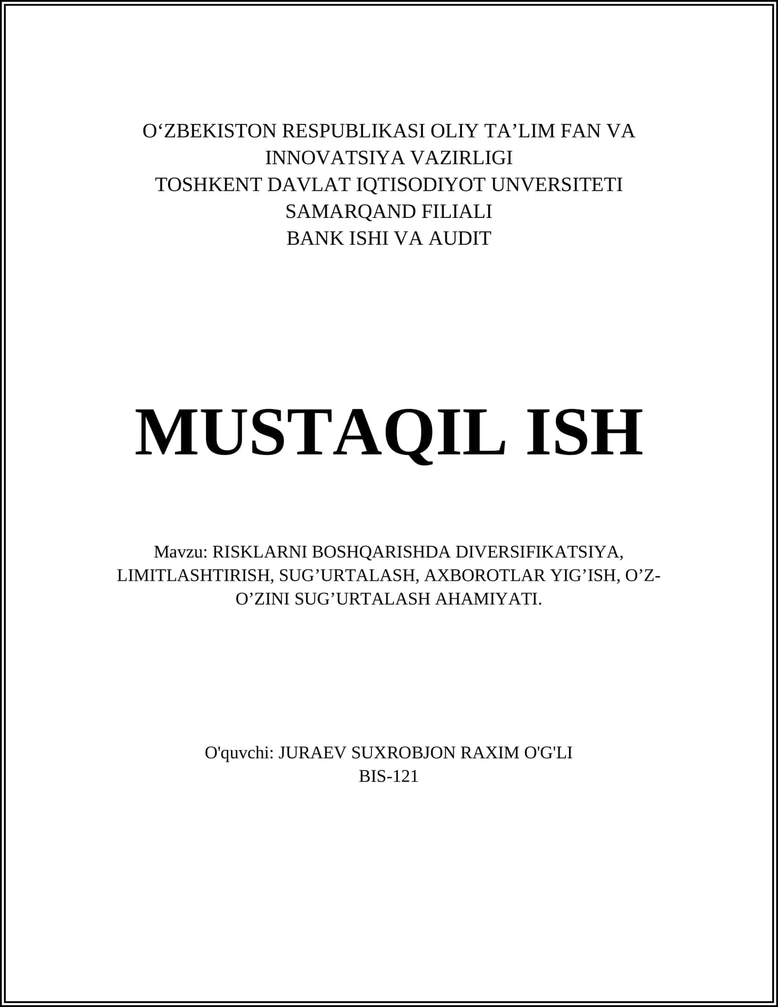 RISKLARNI BOSHQARISHDA DIVERSIFIKATSIYA 1