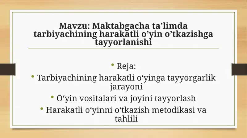Maktabgacha ta’limda tarbiyachining harakatli o’yin o’tkazishga tayyorlanishi 1