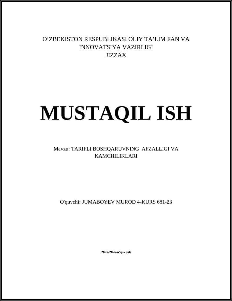 TARIFLI BOSHQARUVNING AFZALLIGI VA KAMCHILIKLARI 1