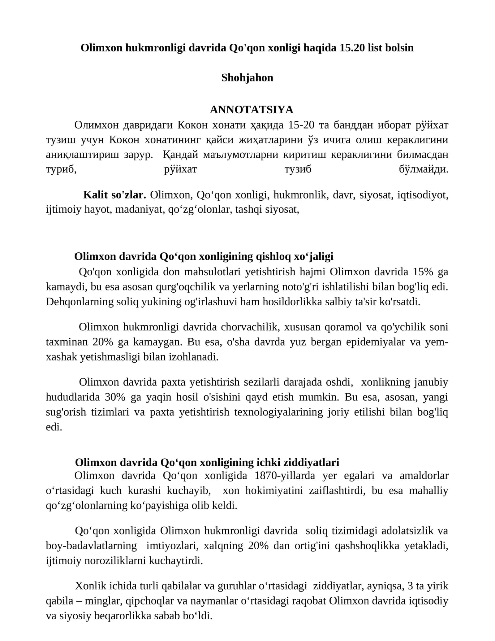 Olimxon hukmronligi davrida Qo'qon xonligi haqida 15.20 list bolsin 1