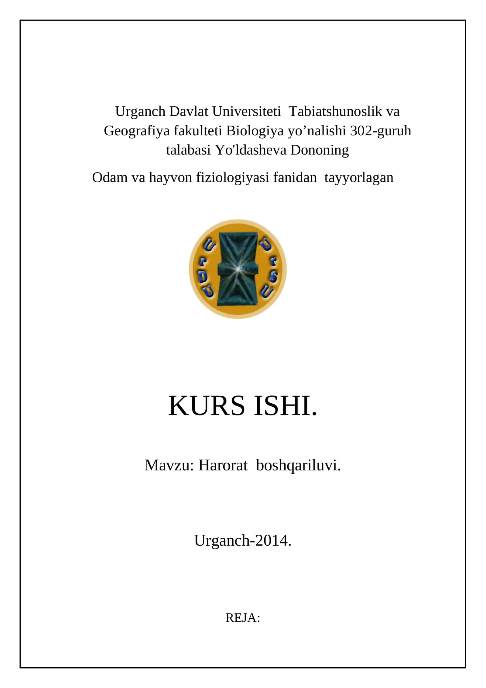 Yo'ldasheva Dono "Odam va hayvon fiziologiyasi" KURS ISHI 1