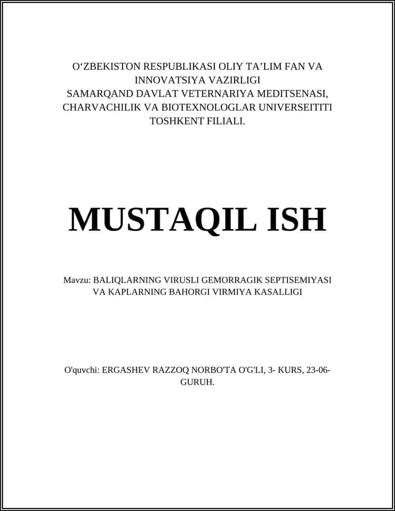 BALIQLARNING VIRUSLI GEMORRAGIK SEPTISEMIYASI VA KAPLARNING BAHORGI VIRMIYA KASALLIGI 1