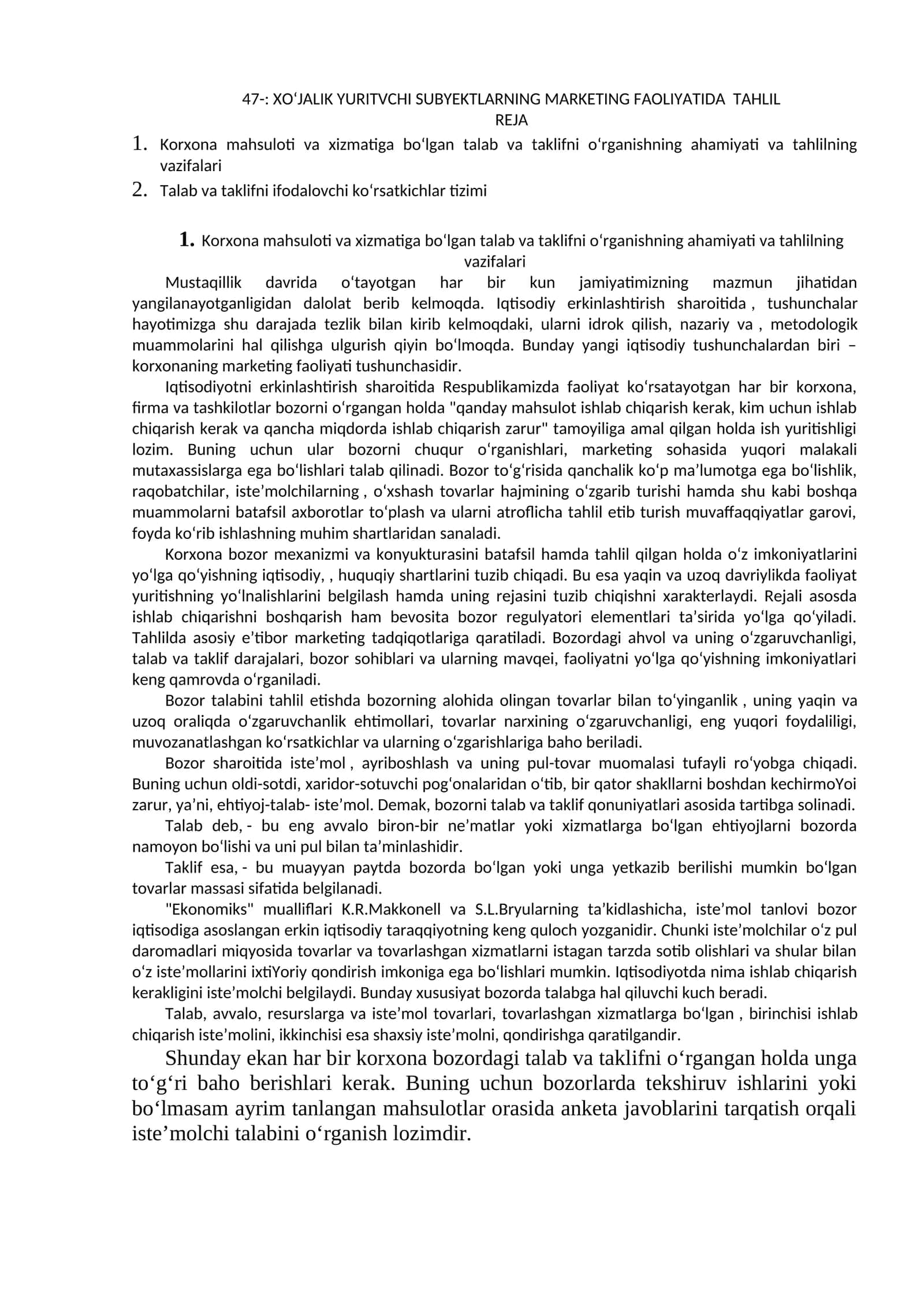 XO‘JALIK YURITVCHI SUBYEKTLARNING MARKETING FAOLIYATIDA TAHLIL 1