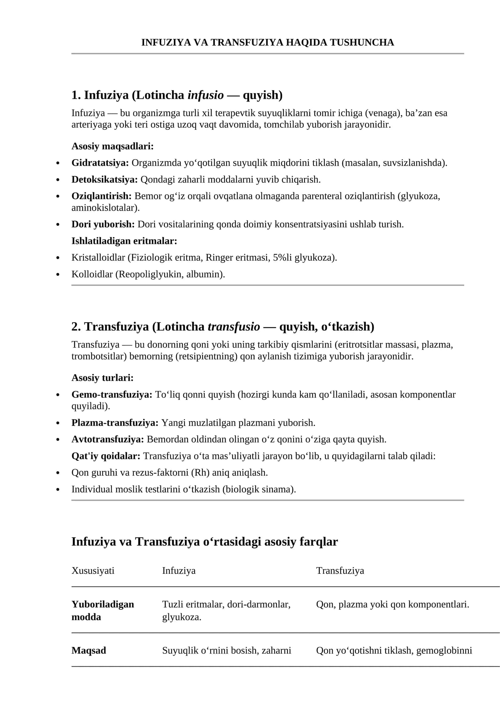 Infuziya va Transfuziya Haqida Tushuncha 1