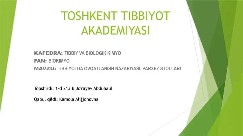Tibbiyotda ovqatlanish nazariyasi. Parxez stollari 1
