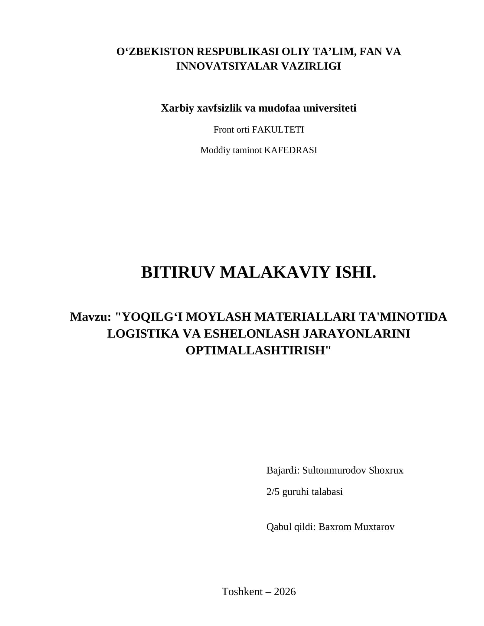 Yoqilgʻi moylash materiallari ta'minotida logistika va eshelonlash jarayonlarini optimallashtirish 1