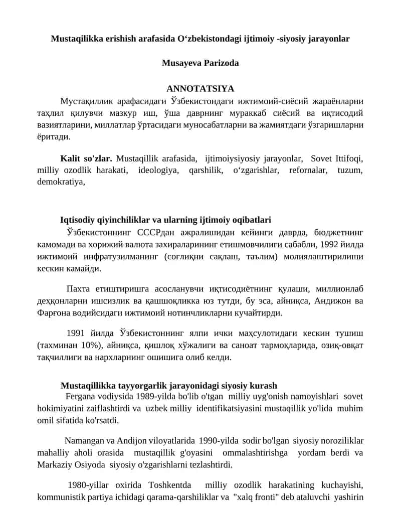 Mustaqilikka erishish arafasida Oʻzbekistondagi ijtimoiy -siyosiy jarayonlar 1