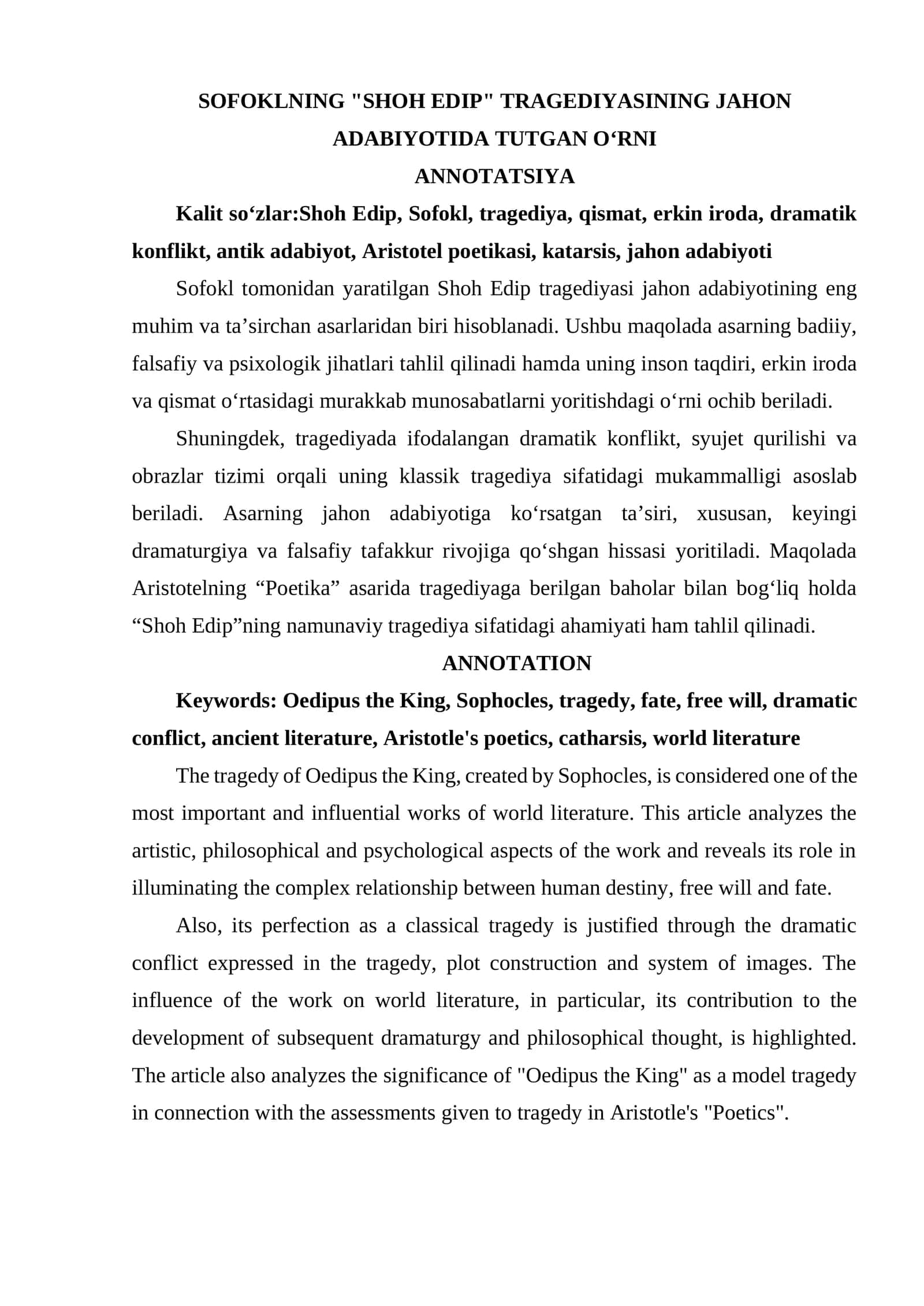 SOFOKLNING "SHOH EDIP" TRAGEDIYASINING JAHON ADABIYOTIDA TUTGAN O‘RNI 1