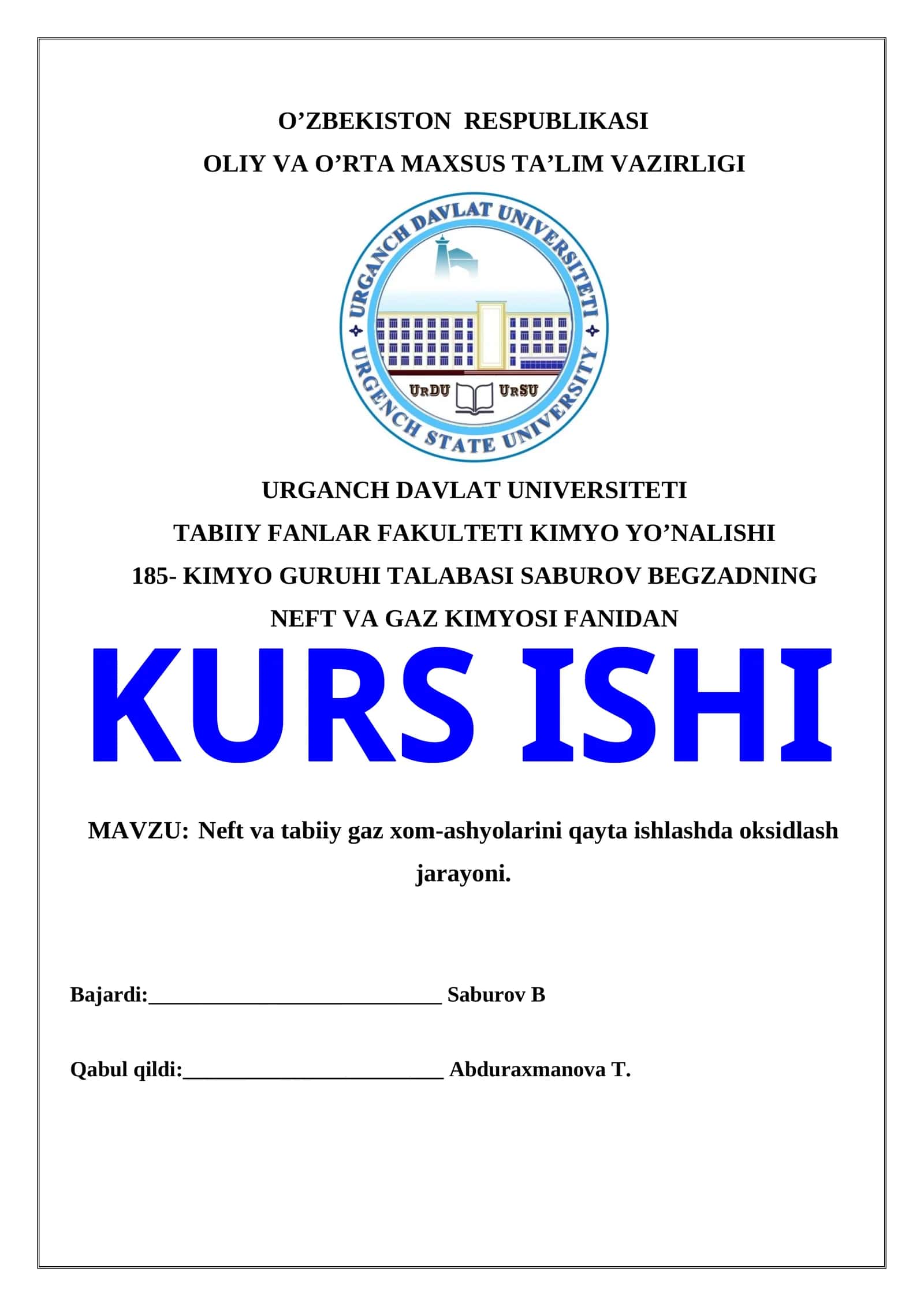 Neft va gaz kimyosi fanidan kurs ishi 1