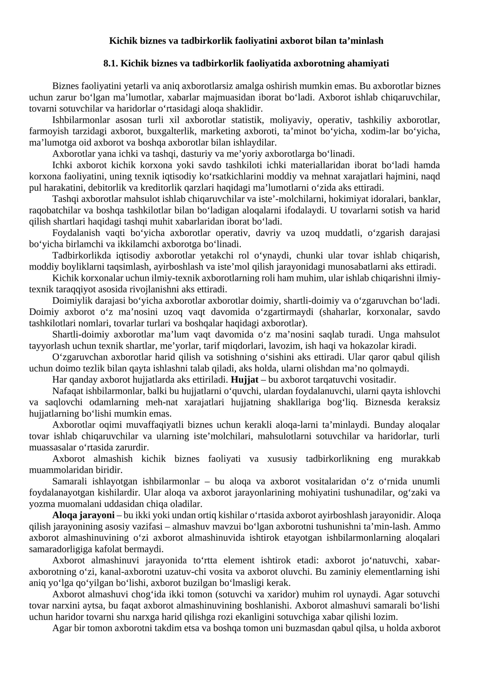 Kichik biznes va tadbirkorlik faoliyatini axborot bilan ta’minlash 1