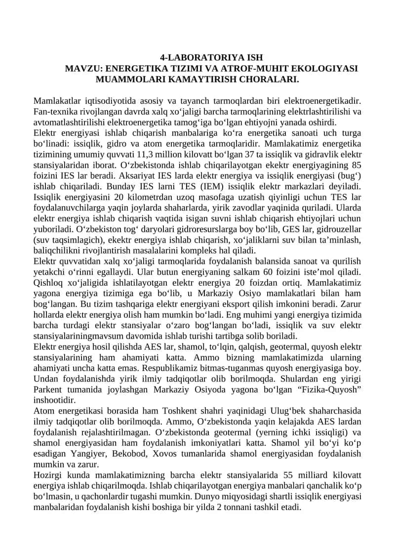 ENERGETIKA TIZIMI VA ATROF-MUHIT EKOLOGIYASI MUAMMOLARI KAMAYTIRISH CHORALARI 1