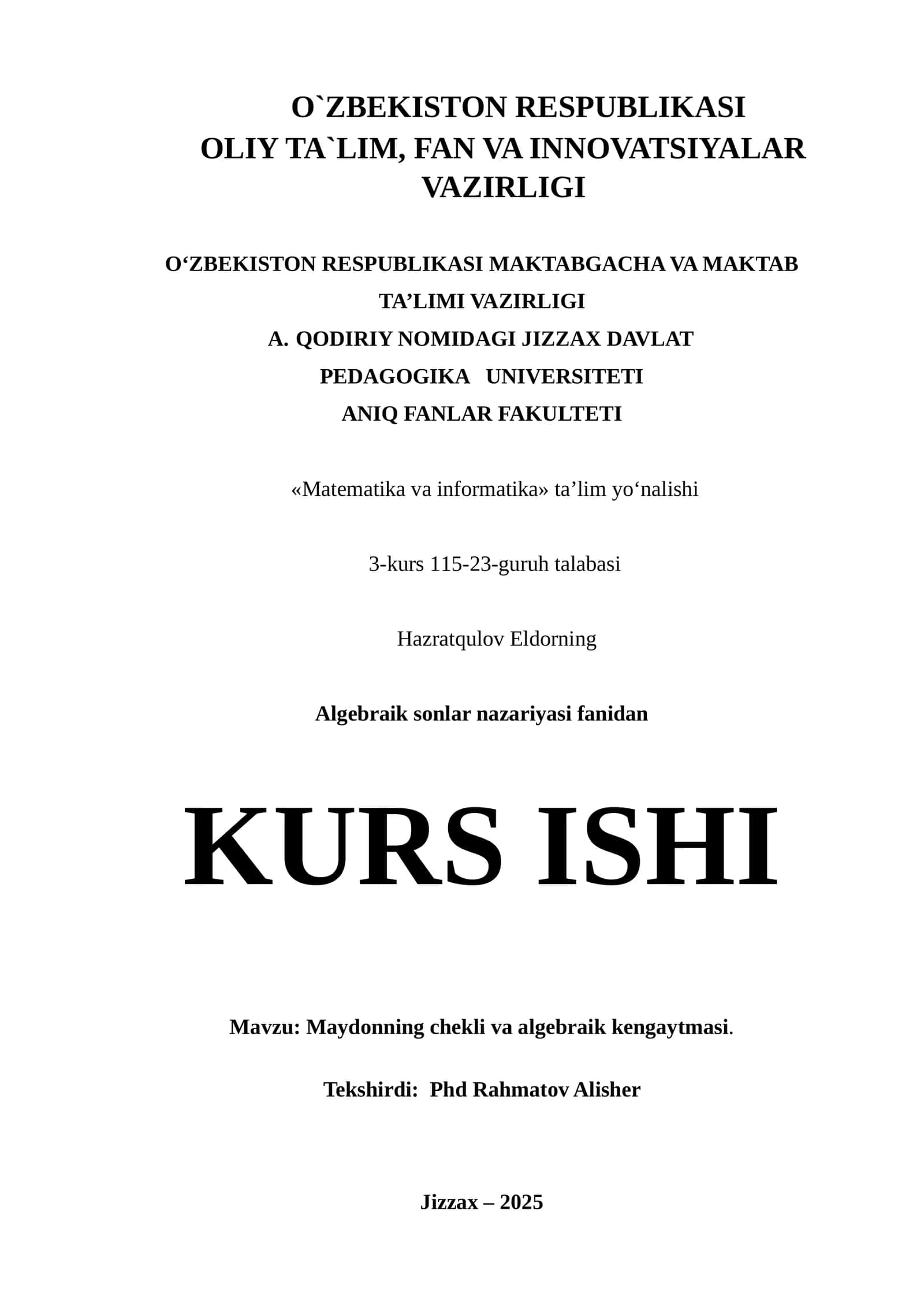 Maydonning chekli va algebraik kengaytmasi 1